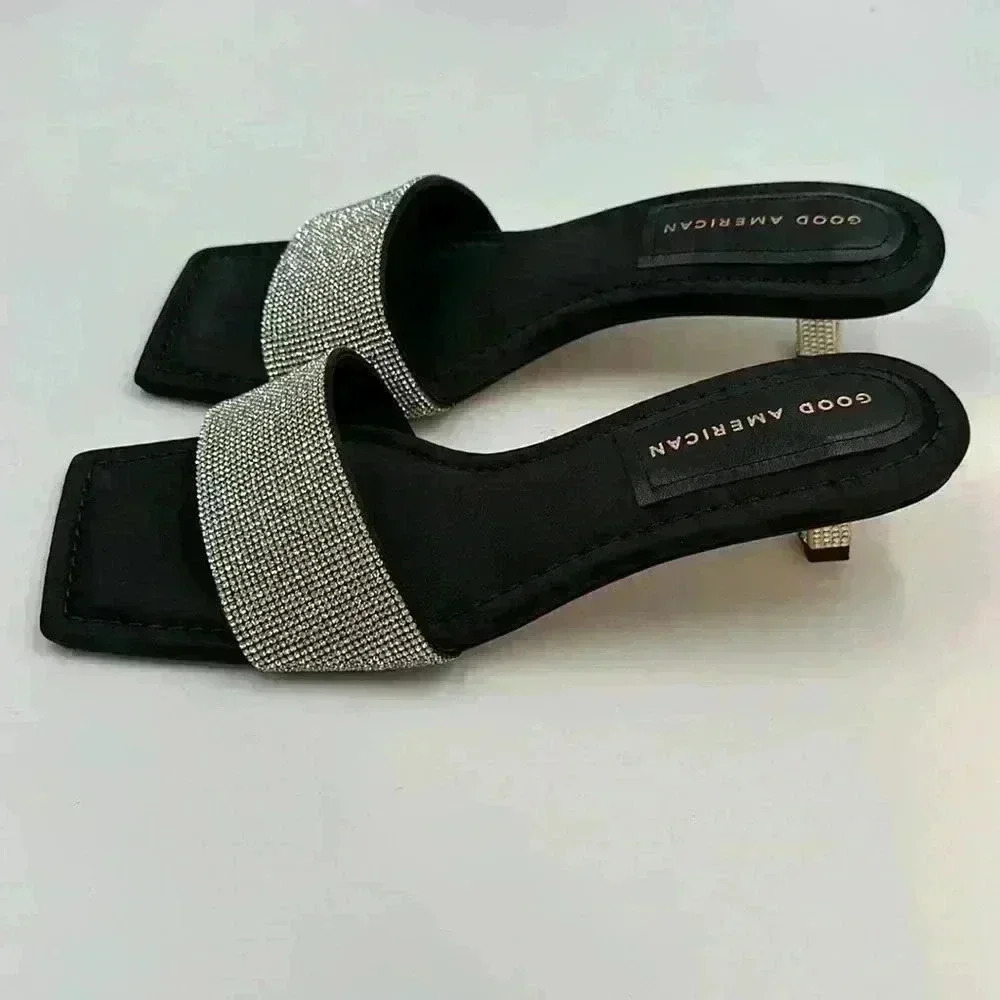 🆕 with box Good American square toed rhinestone heeled slides size 9 - Picture 5 of 12